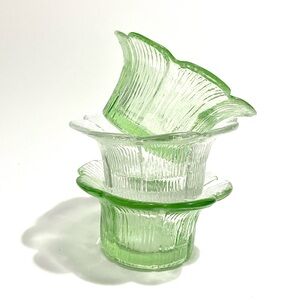 VINTAGE Green and Clear Glass Flower Votive Tea Light Candle Holders - Set of 3